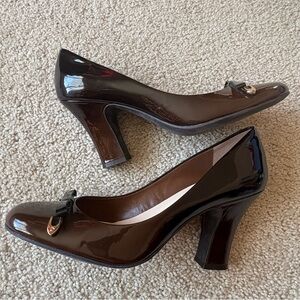 Franco Sarto Glossy Brown Heels with Gold Buckle